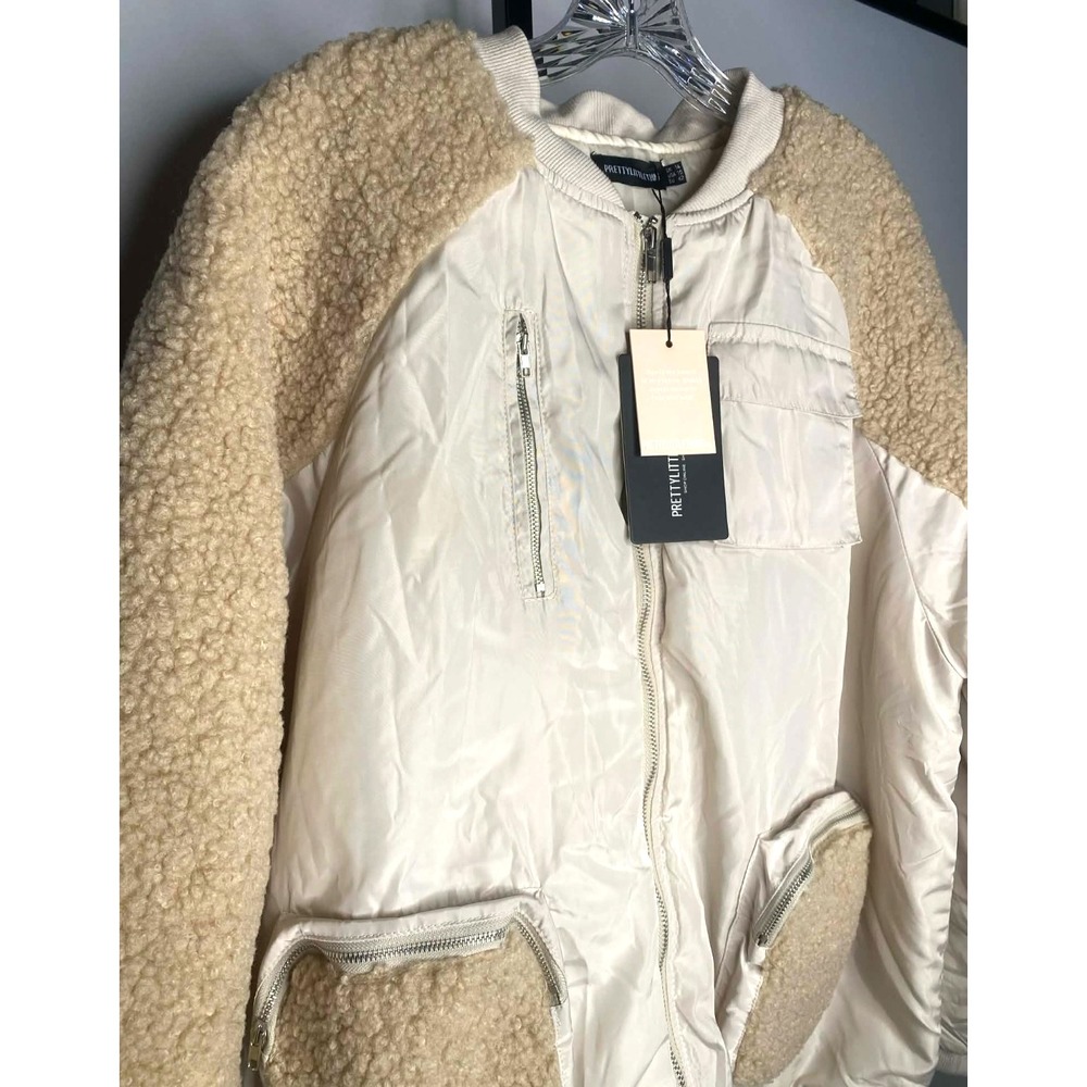 Pretty Little‎ Thing Women's Coat Jacket Bomber Front Borg Puffer Size 10 beige - Picture 2 of 12